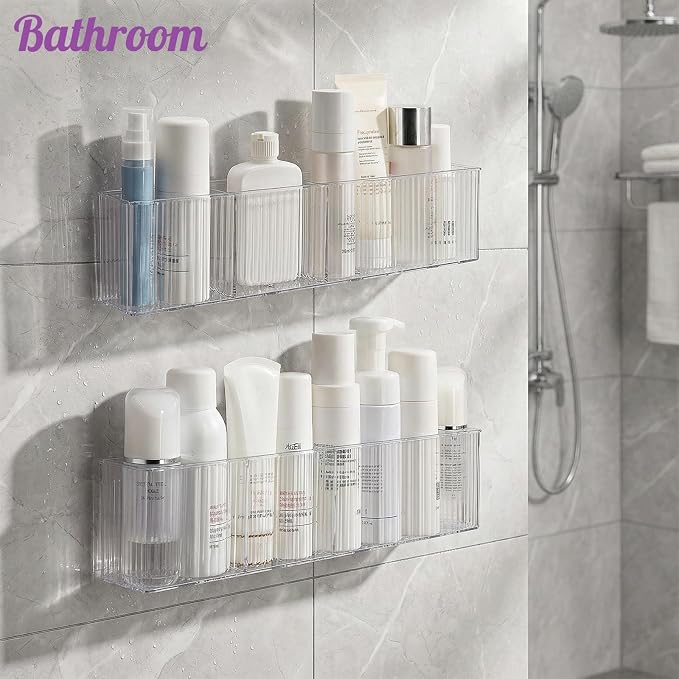 4 Pack Wall Mount Makeup Organizer, Adhesive Bathroom Shelves | 14" Long Narrow Cabinet Door Organizer with 3 Compartments, No Drilling Shower Floating Shelf for Bathroom Office