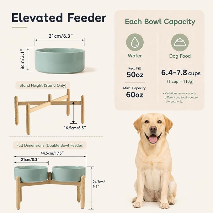 Havniva Ceramic Dog Bowls Elevated, Raised Dog Food Bowl for Large Dogs | 8.3” Elevated Dog Bowls, Non-Slip Wood Stand, Dog Food and Water Bowl Set, Dog Feeding Dish, Large Capacity Pet Water Bowl
