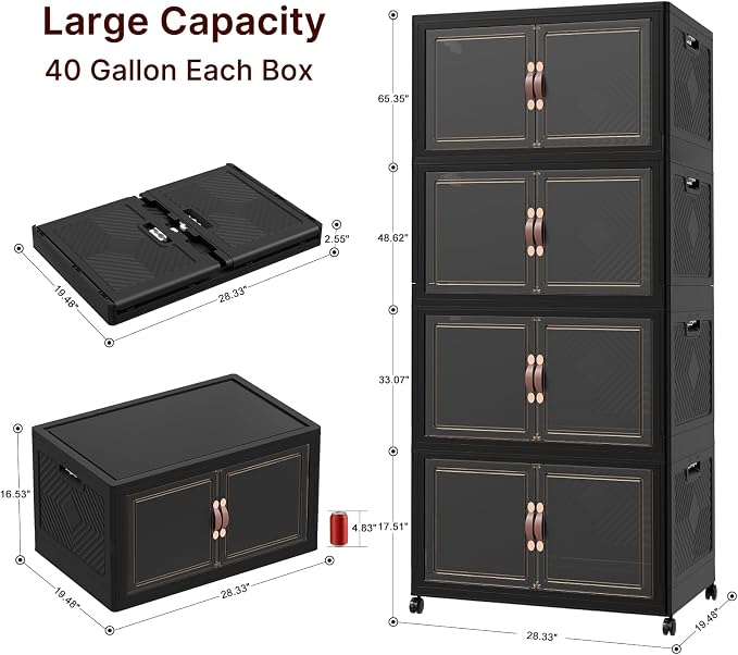 Extra Large Stackable Storage Bins, Lockable Storage Bins with Lids | Folding Storage Box with Doors and Wheels, Collapsible Plastic Drawers for Home, Garage, Office (4, Black, Extra Large)