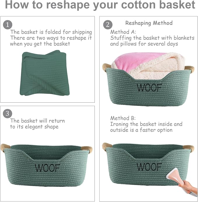 Morezi Dog toy basket 2 pieces woven dog toy bin low in front organizer storage collecting puppy combs shampoo brushes towel grooming stuff in bathroom playroom closet Green