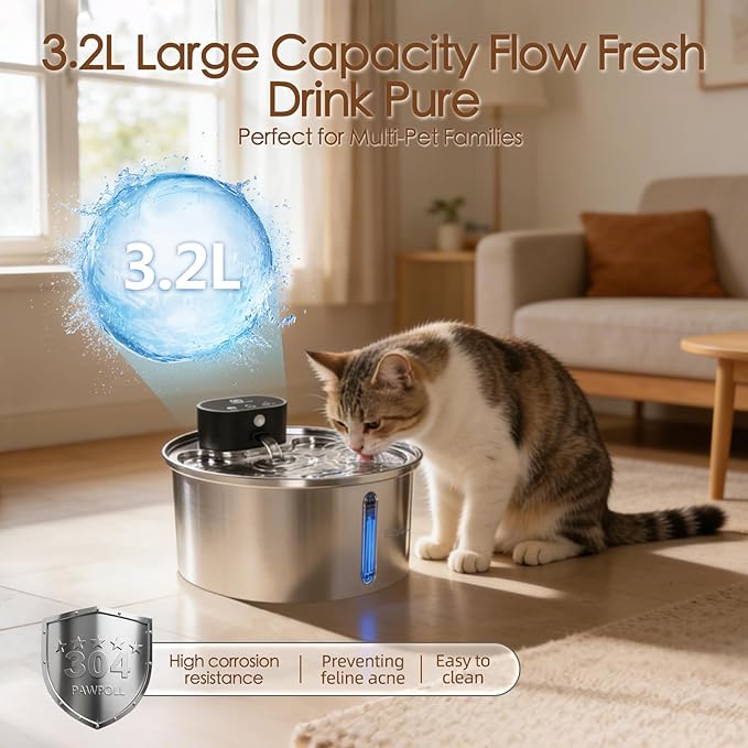 ETACCU Wireless Cat Water Fountain Stainless Steel - 3.2L/108oz, Pet Water Fountain Battery Operated with Motion Sensor, 3 Modes, Quiet Pump, Cordless Water Fountain for Cats and Small Dogs