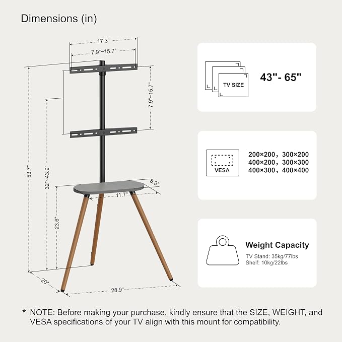 Tripod TV Stand for 43-65" TVs, Swivel, Black Walnut | Height-adjustable easel TV stand, wood media shelf, cable management and VESA up to 400x400