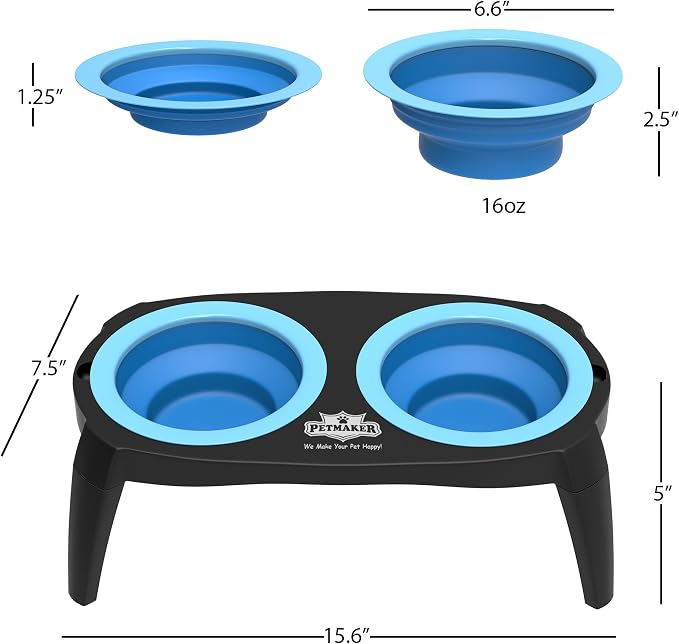 Elevated Pet Bowls Collection with Non Slip Stand for Dogs and Cats-Removeable and Collapsible Silicone Feeder for Food and Water- 16 Oz Each by PETMAKER (Pink), Blue