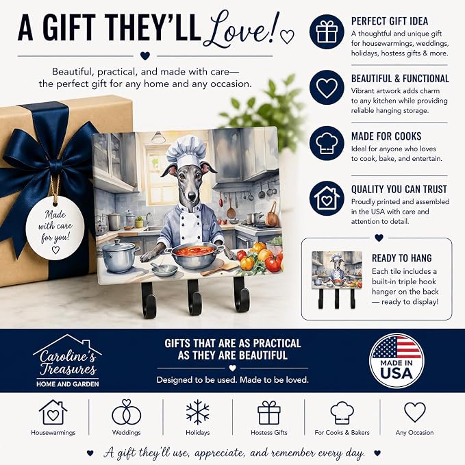 Caroline's Treasures Greyhound The Chef Leash or Key Holder Wall Hooks, Key Hooks Holder, Coat Rack Wall Mount, Coat Hooks, Hooks for Hanging Keys, Towels, Aprons, Leashes | Greyhound The Chef artwork on ceramic tile with three steel hooks for keys, le...