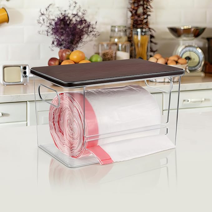 Trash Bag Dispenser Under Sink Organizer for Pantry, Kitchen | Acrylic Garbage Bag Dispenser, with Brown Bamboo Top & Handles, Extra Large, Keep Onions and Potatoes Neat, Clear, Stackable