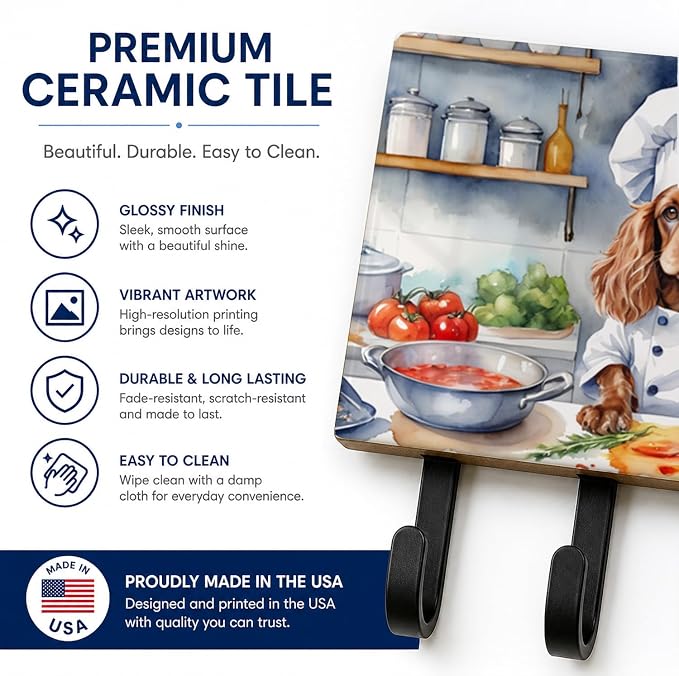 Caroline's Treasures Cocker Spaniel The Chef Leash or Key Holder Wall Hooks, Key Hooks Holder, Coat Rack Wall Mount, Coat Hooks, Hooks for Hanging Keys, Towels, Aprons, Leashes | Cocker Spaniel The Chef artwork on ceramic tile with three steel hooks fo...