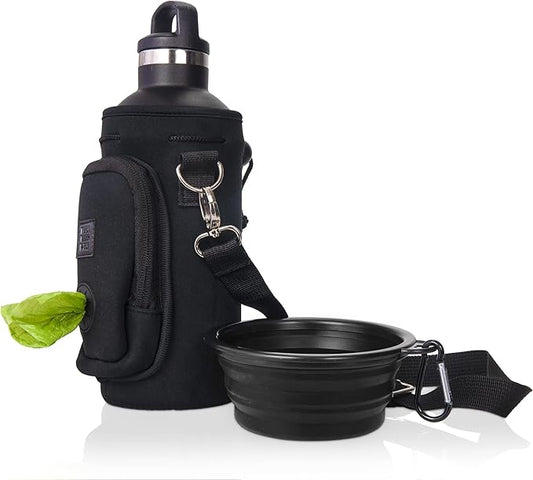 Made Easy Kit Water Bottle Carrier with Pocket for Dog Poop Waste Bags and Adjustable Padded Shoulder Strap (Large (32oz) with Bowl, Black)
