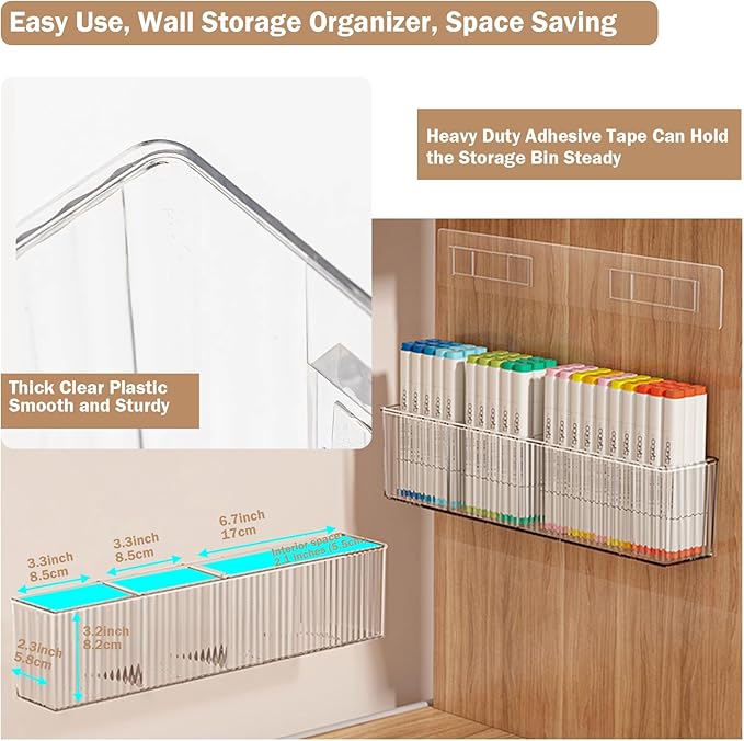 2Pack Wall Mount Pen Holder,Marker Stationery Organizer,Makeup Storage | No Drill,Heavey Duty Adhensive Tape, Clear Wall Storage for Office, Medicine Cabinet Door Organizer Storage, Floating Shelves