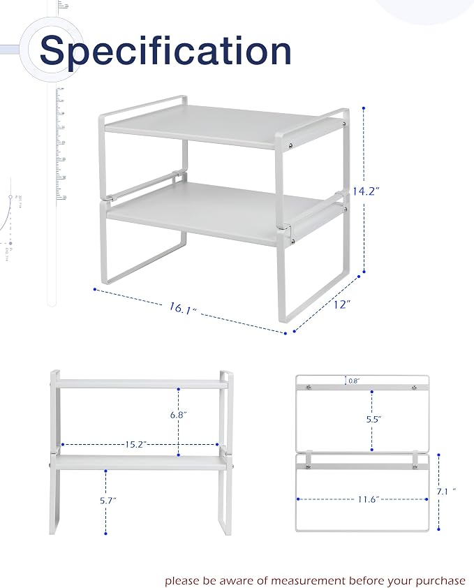 Nxconsu Stackable Cabinet Shelf Organizer 2 Pack, Wide White | Heavy-Duty 3mm Steel Stackable 2-Tier Shelf, Holds 50 lb, for Kitchen Cabinet Pantry Cupboard Counter Bathroom Under Sink