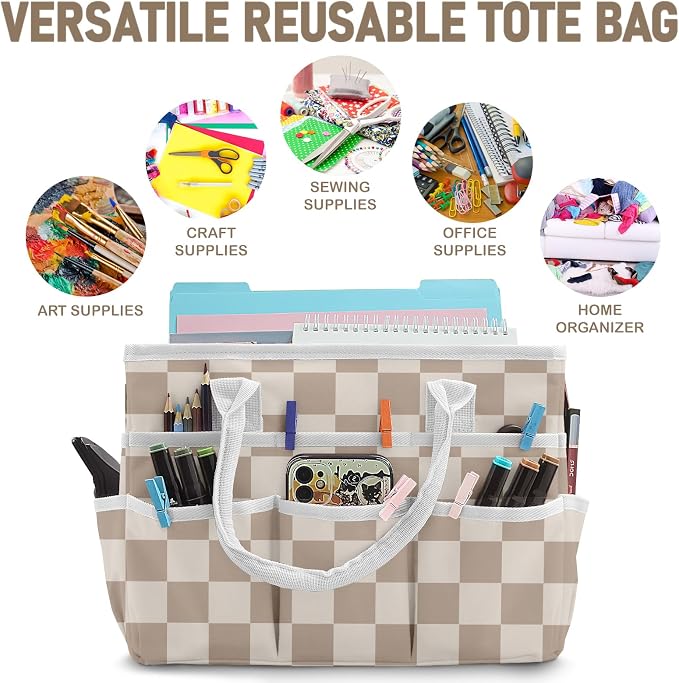 Cupohus Art Organizer Craft Storage Tote Bag with Handles Checkered | Portable Supply Storage for Sewing, Scrapbooking, Journal, Oxford Fabric Carrying Caddy for Teacher, Officer, Artist