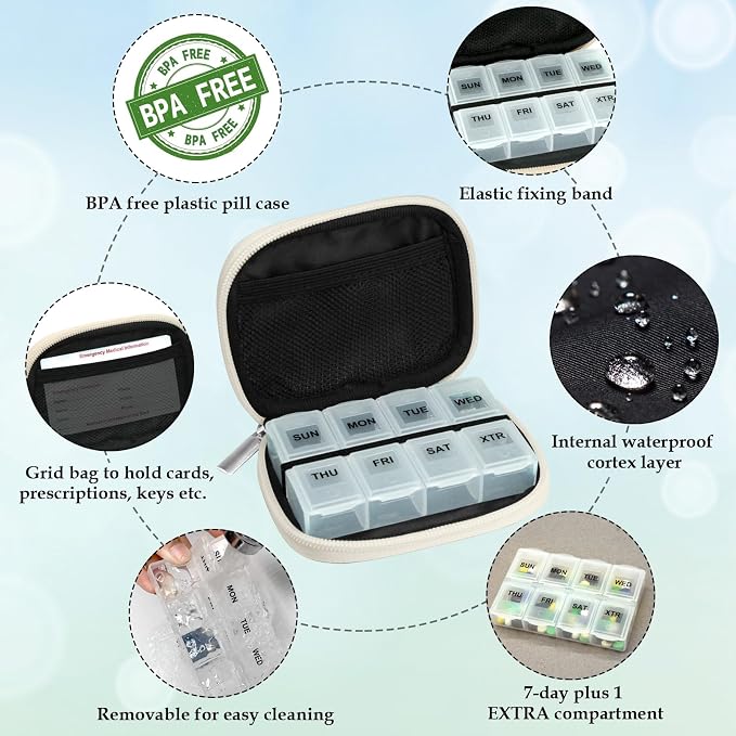 Serfeymi Weekly Travel Pill Organizer Pill Case for Purse with Removable 7 Day Pill Box, Fashionable Travel Medicine Organizer Pill Container for Medicine, Vitamin, Supplement - Black 02 + Bloom 01