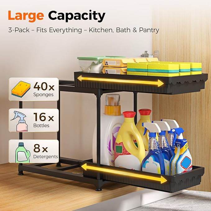 3-Pack 2-Tier Under Sink Organizers with Sliding Drawers | Multi-use kitchen & bathroom storage, 12.8 inch 2-Tier Sliding cabinet organizer, space-saving sliding drawer design.