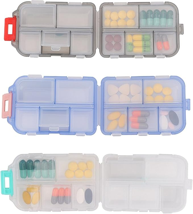 Pill Case - Portable Tablet Container Box with 10 Compartments - Medicine Capsule Vitamin Foldable Organizer Dispenser Holder Storage for Travel Trip Pocket Purse - Clear Blue