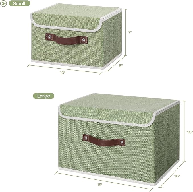 ANMINY Fabric Storage Box Bins with Lids, Green, 10"x8"x7", 2 Pack | Keepsake Memory Storage, Cotton Linen, PP Board Reinforced, Washable, PU Handles, Foldable & Stackable, Decorative, Small