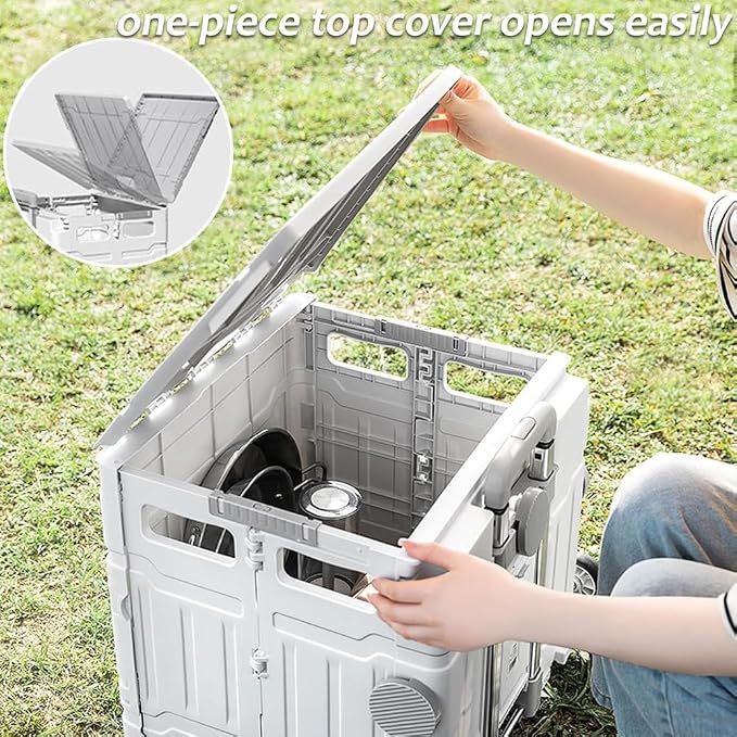 Collapsible Shopping Box Trolley on Wheels with Lid,75L Large Capacity Folding Portable Rolling Crate Handcart with Telescopic Handle for Camping (Green,Eight Wheel Large)