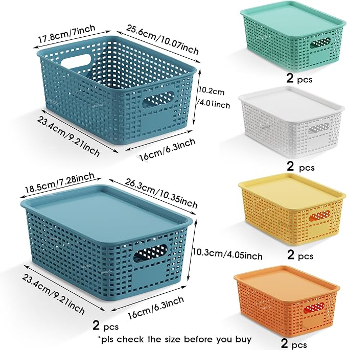 ORGIDOL Plastic Storage Basket with Lids 10 Pack Stackable Colorful Storage Bins Containers with Lid, Decorative Storage Boxes for Organizing Shelves, Drawers, Playroom, Classroom, Office, Closet