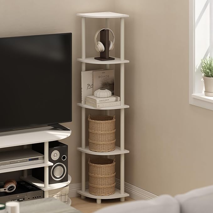 Furinno Turn-N-Tube Corner Shelf, 5-Tier Corner Bookshelf, Open Storage Shelves, for Organization and Storage, Living Room, Home Office, Garage, Bedroom, White