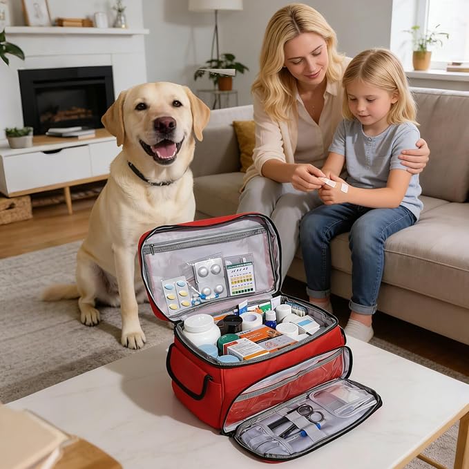 First Aid Bag Empty 12" x 9" x 7" Red Medical Bag Red Pill Bottle Organizer Portable Emergency Bag Travel Medicine Kit Storage Case First Aid Box for Car, Home, Office, Dorm, Outdoor (Small)