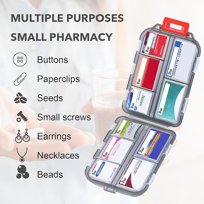 Large Pill Organizer with 189 Labels, 10 Compartments Travel Medicine Kit Travel Medicine Organizer Pocket Pill Case Travel Pill Box Travel Pill Organizer for Purse Vacation Essentials (Gray, 1 Pack)