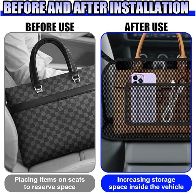 Car Net Pocket Handbag Holder, Large Capacity Automotive Organizer Mesh Pouch Between Front Seats, Auto Backseat Barrier for Pet Kid, Universal Vehicle Storage Bag for Women Men(Black)