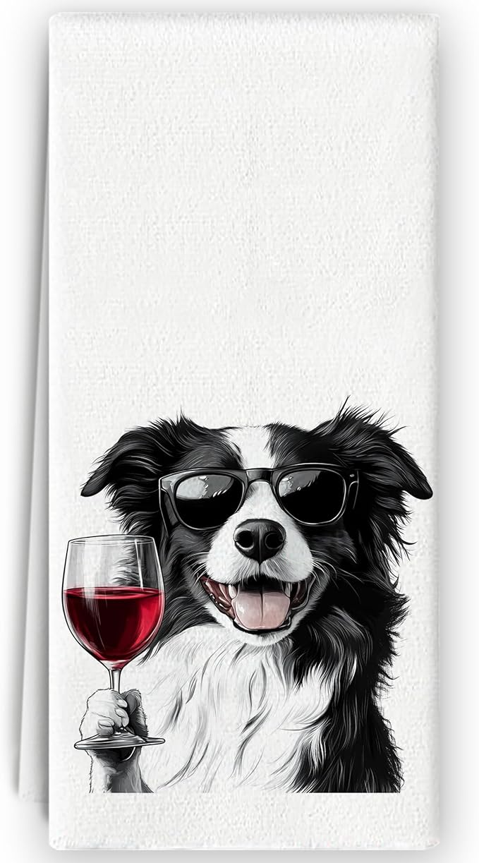Border Collie Dog Towels - Funny Border Collie Wine Lovers Gifts, Bar Towels, Dog Wine Decorative Hand Towels Dish Towels for Kitchen Home Bar, 16x24 Inch