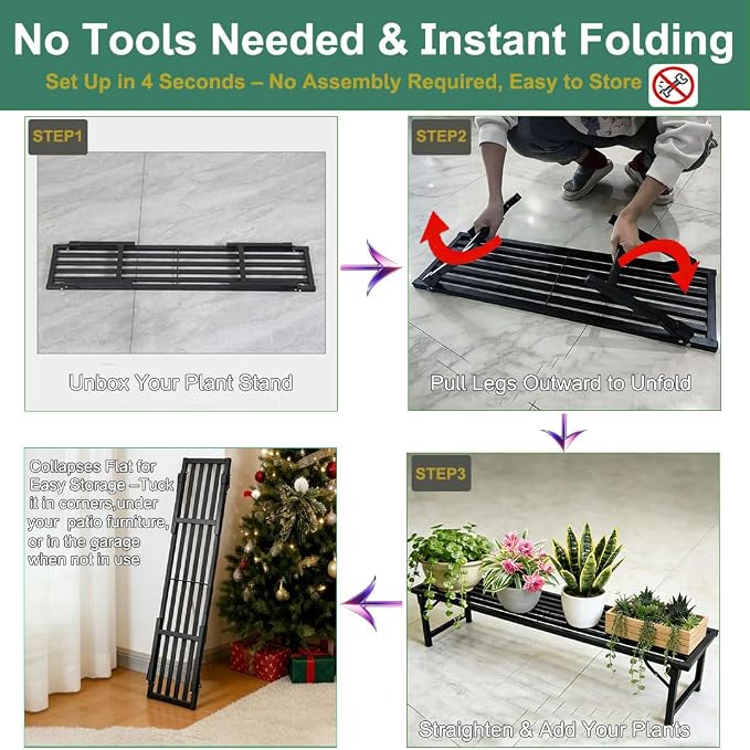 Foldable Plant Stand, No Assembly Heavy Duty Iron Plant Shelf, Rustproof Single Tier Plant Rack for Indoor Outdoor, Long Narrow Flower Stand for Patio Balcony Garden Living Room, L33" xH11.7"x W9.7"
