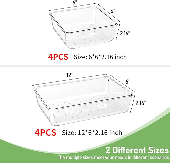 8 PCS Clear Plastic Drawer Organizer Tray, Acrylic Vanity Bathroom Drawer Organizers Trays, Desk Drawer Organizer Bins for Cosmetic, Makeup, Kitchen, Office, Junk Drawer Divider Organization