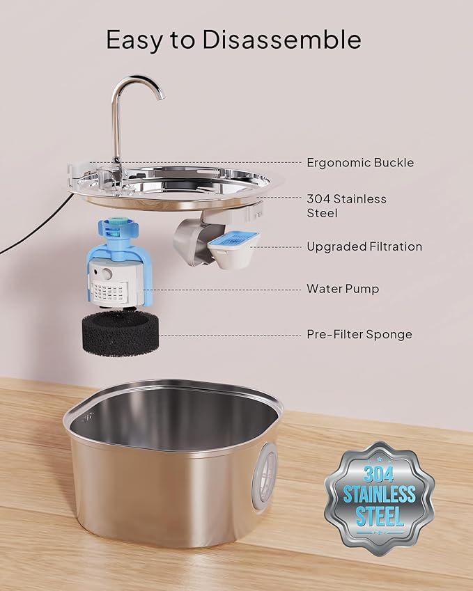 PEKTACO Stainless Steel Cat Water Fountain, 3.2L/108oz Cat Water Dispenser with Quiet Water Pump, Dishwasher Safe Pet Drinking Fountain for Cats with 3 Filters + 3 Sponges