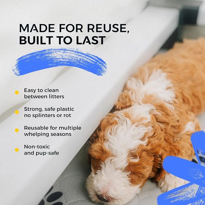 EZclassic Dog Whelping Box - Washable Pee Pad, Small 38"x38"x18" | Dog whelping box for small dogs features safety rails and liner with black pawprint design for easy cleaning and comfort