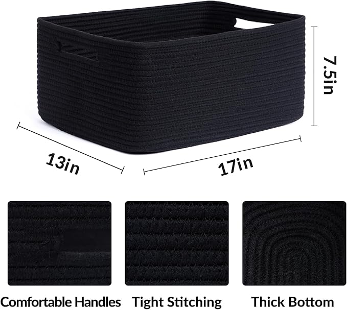 MiniArk Large Storage Baskets for Organizing, 17 x 13 x 7.5” Closet Shelf Baskets for Clothes Blanket Towels, Baby Nursery, Toy Bins Box, Woven Rope Baskets, 4 Packs Black