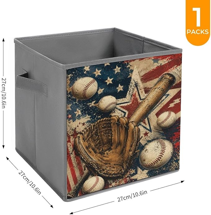 Baseball Glove Bat And Balls American Flag Design Storage Bin with Handles, Oxford Fabric Foldable Storage Cube Organizer for Clothes, Towels, Bedroom, Living Room, Home Organization