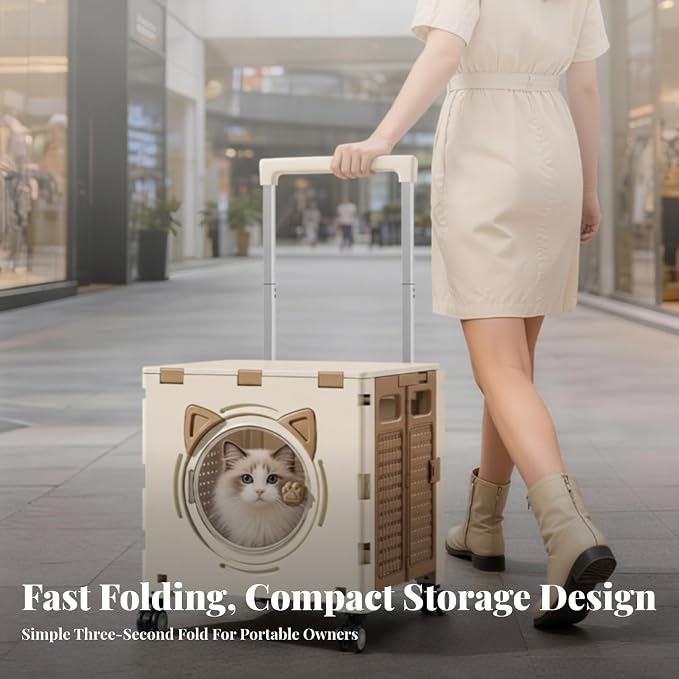 Outdoor Travel Cart Foldable Pet Trolley Carrier Crate with Telescopic Pull Handle Casters and Box Body Design with Ventilated Panels and Viewing, Array, Khaki