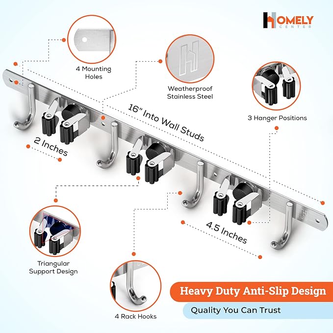 Homely Center Mop and Broom Holder Wall Mount – Heavy-Duty Closet Organizer for Garage, Kitchen, Laundry Organization – Tool Hanger with 3 racks and 4 hooks