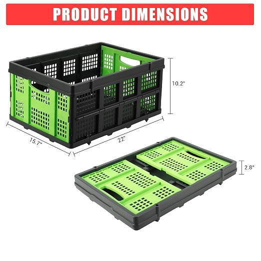 Garvee Collapsible Crate, 55L Foldable Plastic Milk Storage Crate, Green | Heavy Duty Stackable Plastic Crates Folding Storage Baskets for Groceries, Moving, Camping & Car Storage