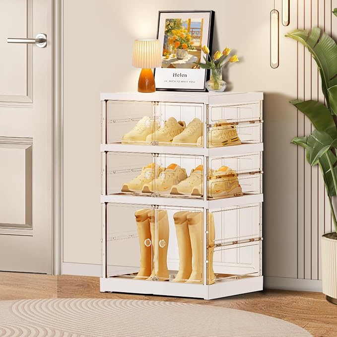 CIMLORD 3-Tier Foldable Shoe Rack, Magnetic Clear Doors, 6 Pairs, White | Collapsible Narrow Plastic Shoe Cabinet, Stackable, Lidded, Tool-Free Assembly, Fits Boots & Sneakers, Closet & Entryway