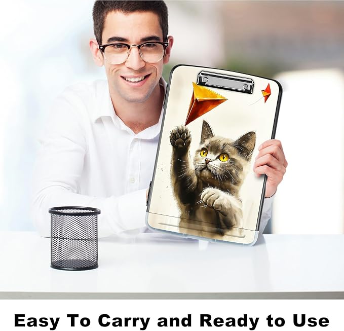 A4 Clipboard with Storage Pen Holder, Clipboards Organizer Nursing Clipboard Foldable File Folder Plastic Clipboard Folio Clip Board for Office Work Classroom Doctor, Gray Cat Painting