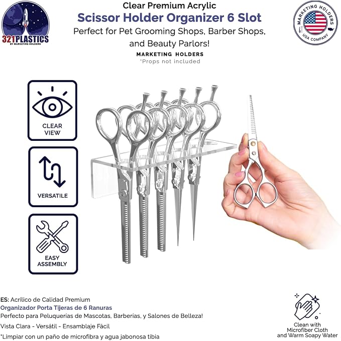 Marketing Holders Acrylic Scissor Organizer Shear Display 6 Hole Clear 7.75 Inch Wide Wall Mount Rack with Hanging Hardware for Professional Dog Groomers Stylists and Barbers