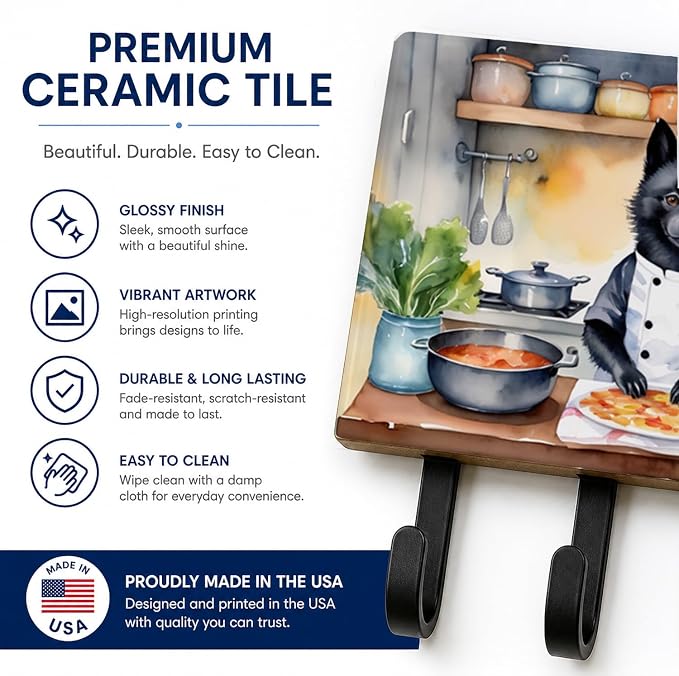 Caroline's Treasures Schipperke The Chef Leash or Key Holder Wall Hooks, Key Hooks Holder, Coat Rack Wall Mount, Coat Hooks, Hooks for Hanging Keys, Towels, Aprons, Leashes | Schipperke The Chef artwork on ceramic tile with three steel hooks for keys, ...