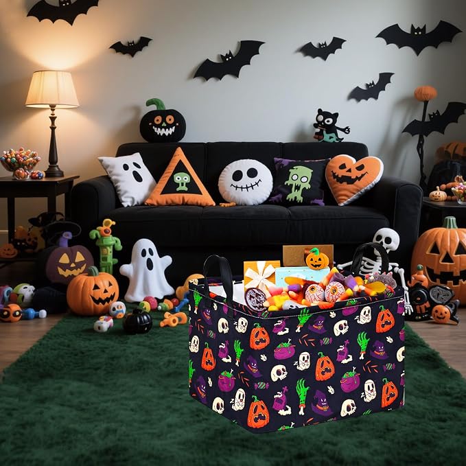 Halloween Ghost Storage Basket with Handles Pumpkin Open Gifts&Candy Spooky Basket stuffers for Kids Baby Collapsible Women Organizer Bins Toys Boxes for Shelves Home Office