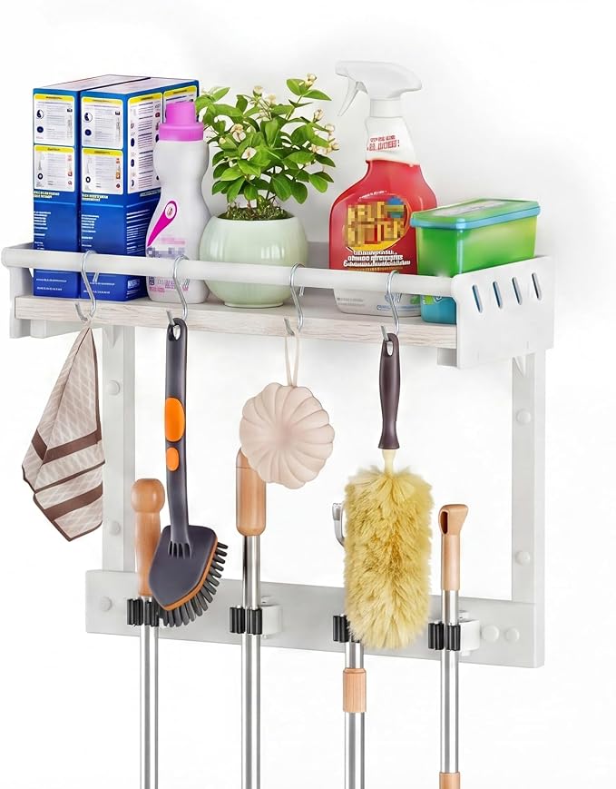 Broom Holder Wall Mount with Shelf,Broom Hanger with 4 Hooks,Broom and Mop Organizer Wall Hanging for Laundry,Garage, Utility,Broom Rack,Cleaning Supplies Organizer and Tool Storage,White