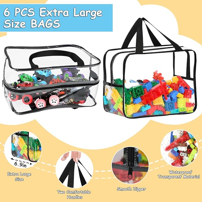6 Pcs XL Toy Storage Bags Widen Waterproof Clear Toy Organizer with Labels | 12.6×9.25×6.9In Reusable PVC Transparent Organizer Bags with Zipper for Building Blocks, Puzzle, Board Games Travel Storage
