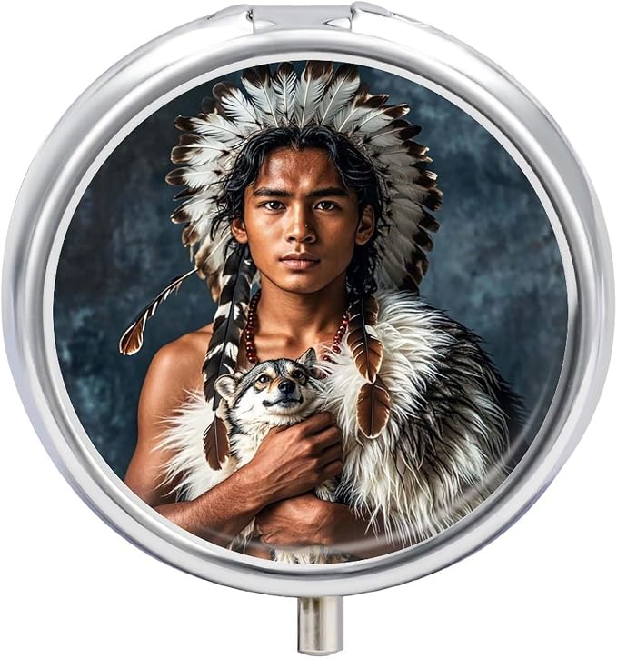3 Compartment Medicine Pill Case, Indigenous People and Wolves Round Pill Box, Portable Decorative Medicine Organizer for Pocket Or Purse Vitamin Organize