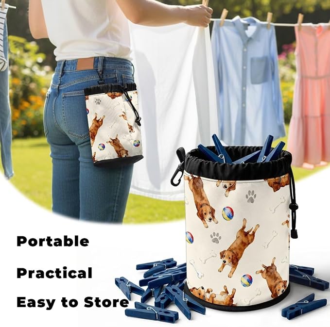 Clothespin Bag Organizer Drawstring, Puppy Pet Toy Laundry Peg Storage Pouch with Button Hanger, Portable Clips Holder for Drying Rack, Camping, Beach & Home
