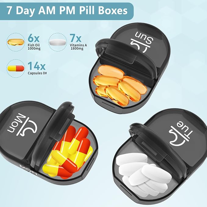 Serfeymi Weekly Pill Organizer 2 Times a Day AM PM Travel Pill Box 7 Day | Medicine Pill Organizer with Protection Pill Case Daily Medication Box for Vitamins,Supplement- Black Case + Black Pill Box