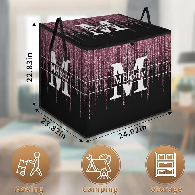 Personalized Name Large Storage Basket with Lid, Initial Letter Canvas Storage Bins Quilt Clothes Organizer for Bedroom, Nursery, Shelves, Closets, Pink Glittering Romantic with Black