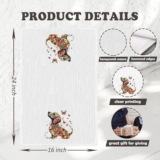 Chicimln Butterfly Floral Dachshund Kitchen Towels, Gifts for Dachshund Lovers Decorative Hand Towels for Bathroom, Weiner Dog Gifts Dish Tea Towel Drying Cloth for Kitchen Decor, 16x24 Inch