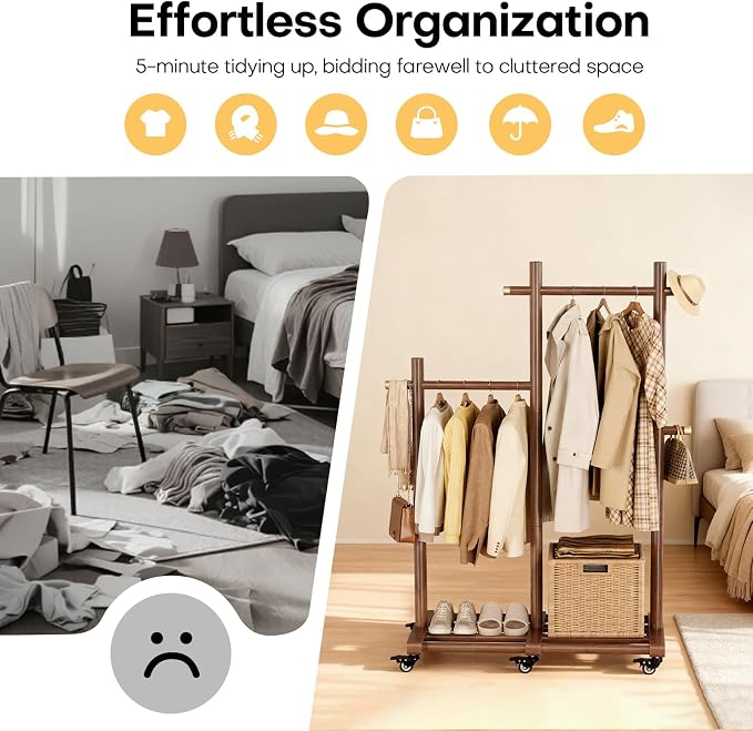 Wooden Clothing Rack, Double Pole Clothes Rack with 4 Hooks & 6 Wheels | Long and Short Clothing Section Design, Load Capacity 360Ib, Garment Rack for Hats, Scarves, Trench Coats, and Shoes