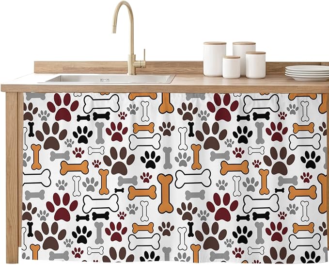 Dog Claws Sink Skirt for Bathroom, Self-Adhesive Under Sink Curtain, Pet Cat Cartoon Cute Animal Bone Pawprints Hide Pipes & Storage Fabric Cabinet Skirt Cover for Kitchen Laundry 32"x55"