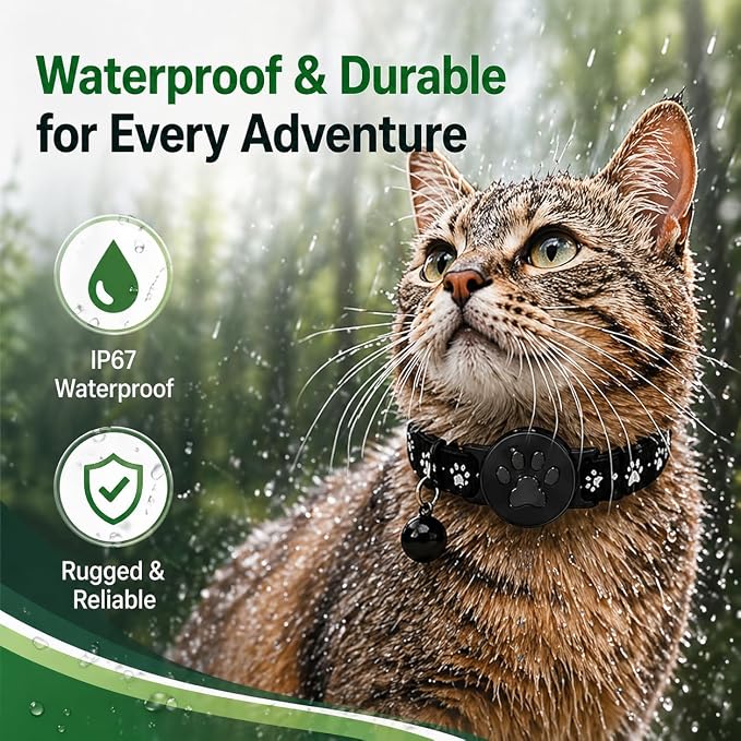 GPS Tracker for Cats, Cat Collar with Tracker for Android Users – No Monthly Fee, Google Find Hub Cat GPS Tracker Collar, IP67 Waterproof, Replaceable Battery Lasts 1 Year (Not Standalone GPS) (Black)