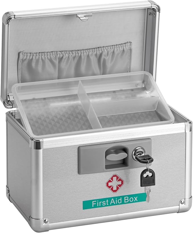 Metal Medicine Storage Box with Key, 10 x 6 x 6.7” First Aid Box Lock For Medication, Smell Proof Box Empty Organizer for Home, Dorm, Office